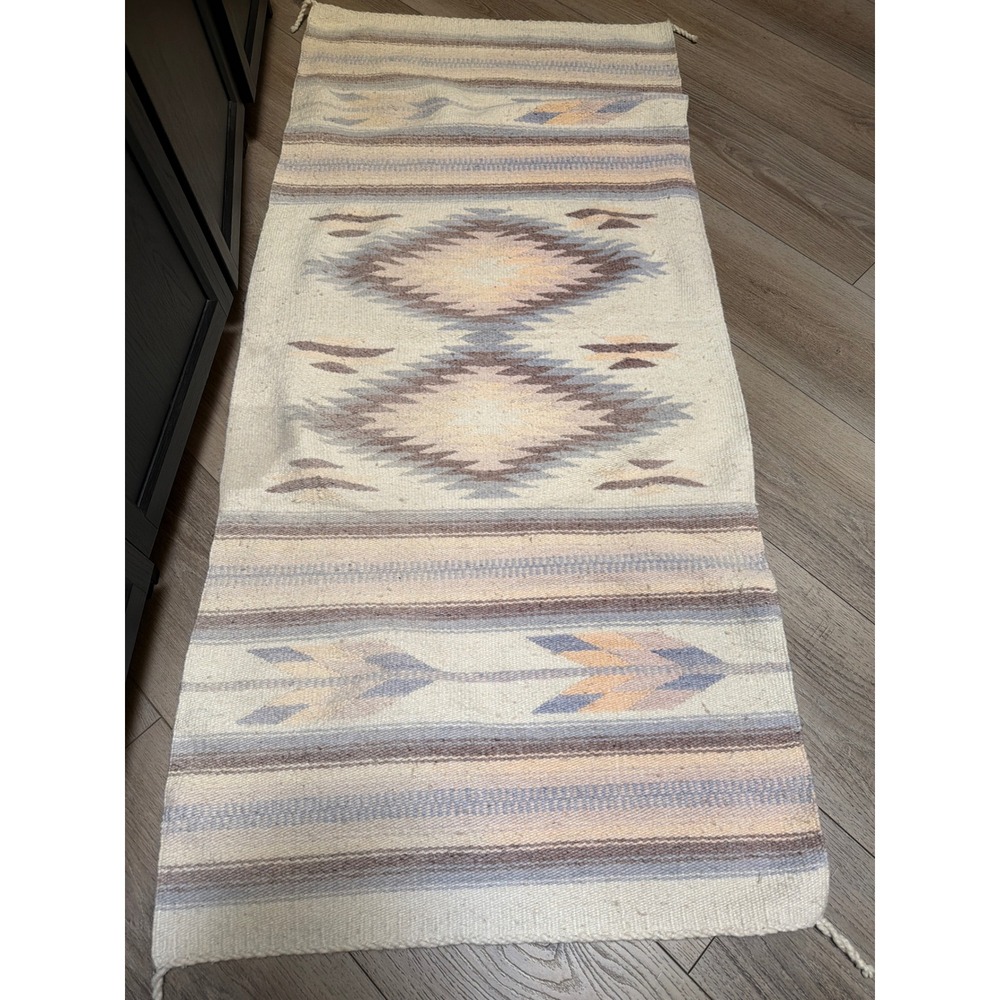 Southwestern Zapotec Handwoven Wool Runner Rug Pastel Geometric Diamond 28x64"